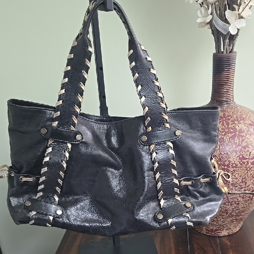 Maurizio Taiuti Italian Leather Black with Gold Trim Shoulder Bag
